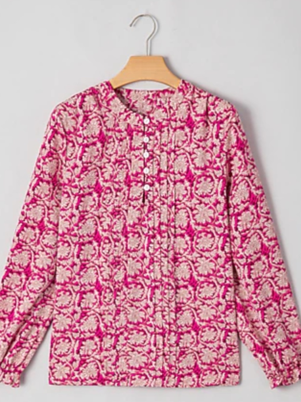 Threaded Pear Women's Pink Floral Print Split Neck Pleated Puff Sleeve Blouse Sm